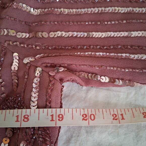 MAC DUGGAL Jewel Lined Neck Long Sleeve Tea Length Rosewood Floral Beaded Sz 12 - Picture 7 of 14